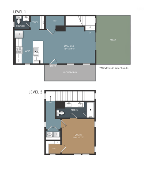 Floor plan for 1 bed, 1.5 baths, 825 sqft